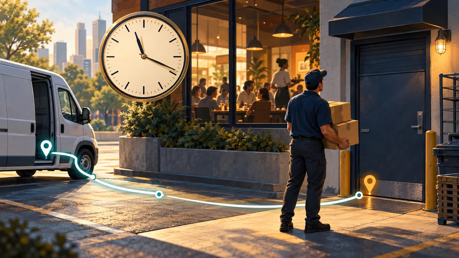 A driver arrives with cartons at a closed restaurant receiving door after its delivery window.