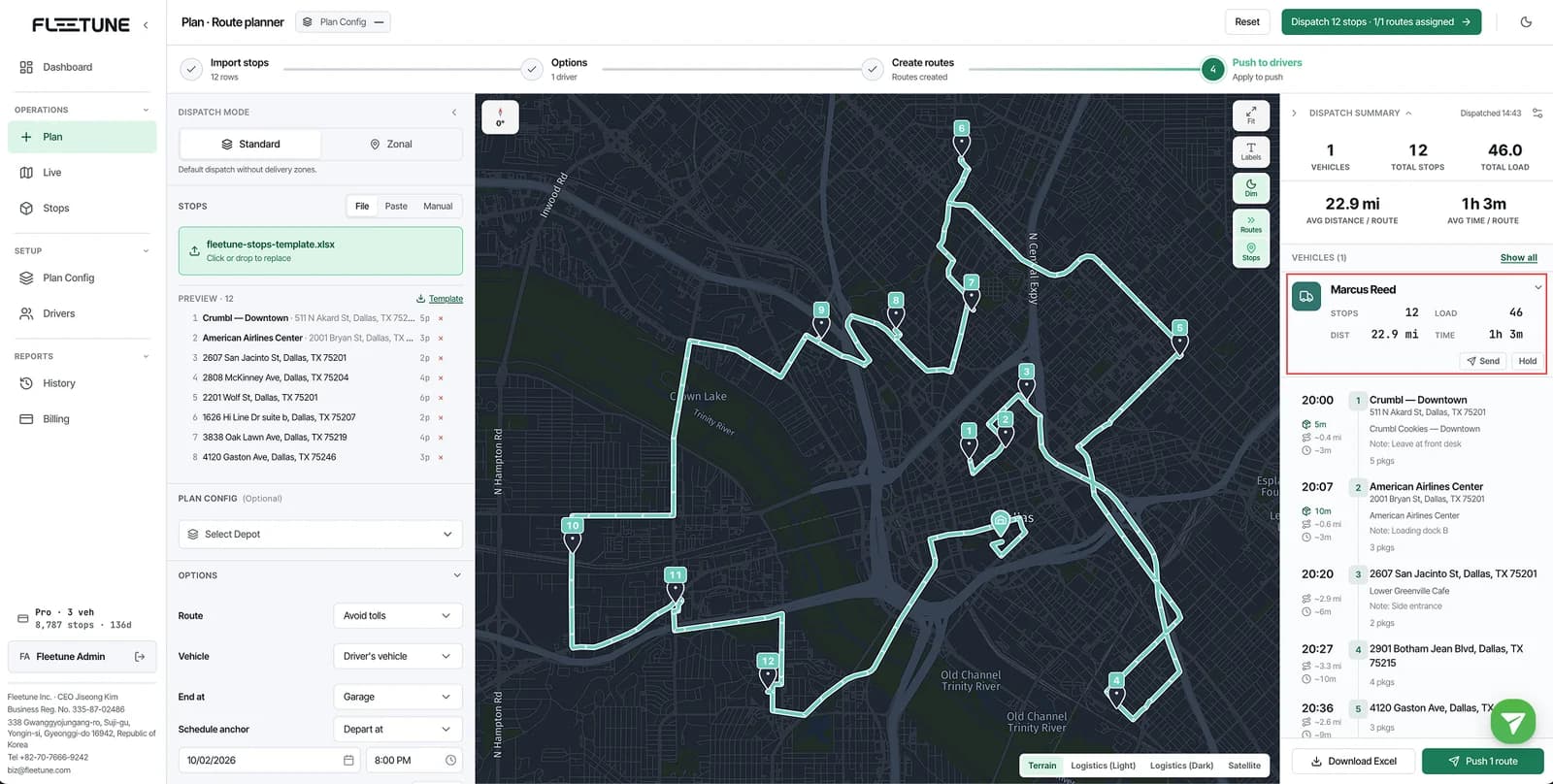 Fleetune dispatcher route review with the driver's route card, the ordered stop list with arrival times, and the Push routes button