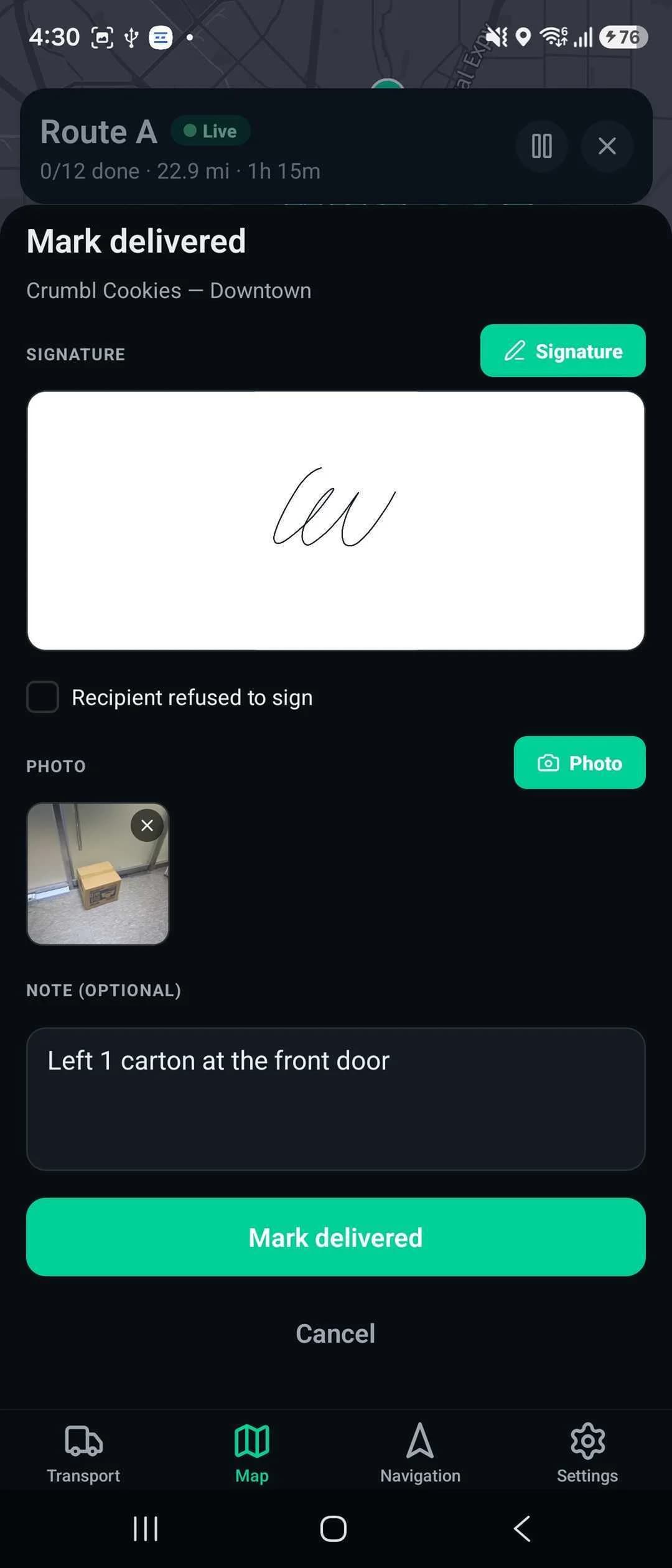 Fleetune Driver app Mark delivered screen with a recipient signature, a photo of the carton at the door, and the note "Left 1 carton at the front door"