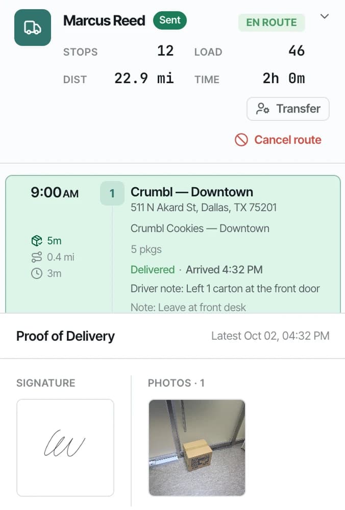 Fleetune History route card for an en route driver above a delivered stop with its arrival time, the driver's note, the customer's delivery instruction, and the proof of delivery signature and photo