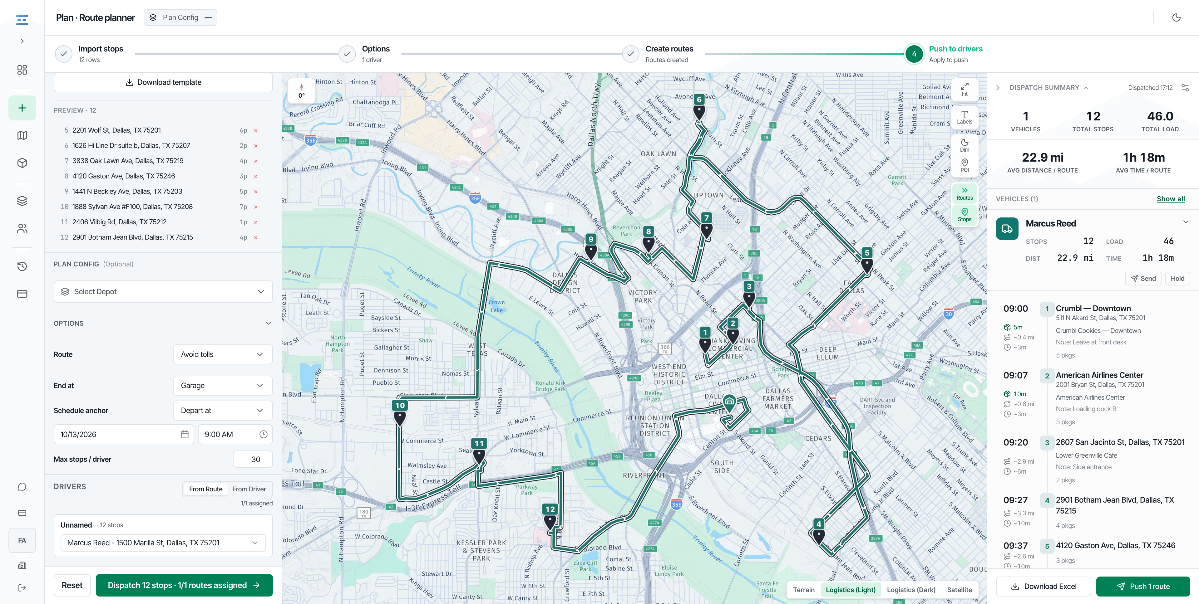 Fleetune optimizing 12 stops into one route — 22.9 miles, 1h 18m, a single vehicle
