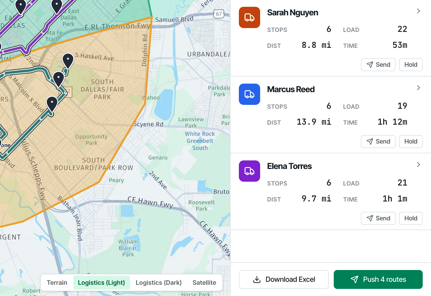 Per-driver route cards with Send and a one-click Push routes button